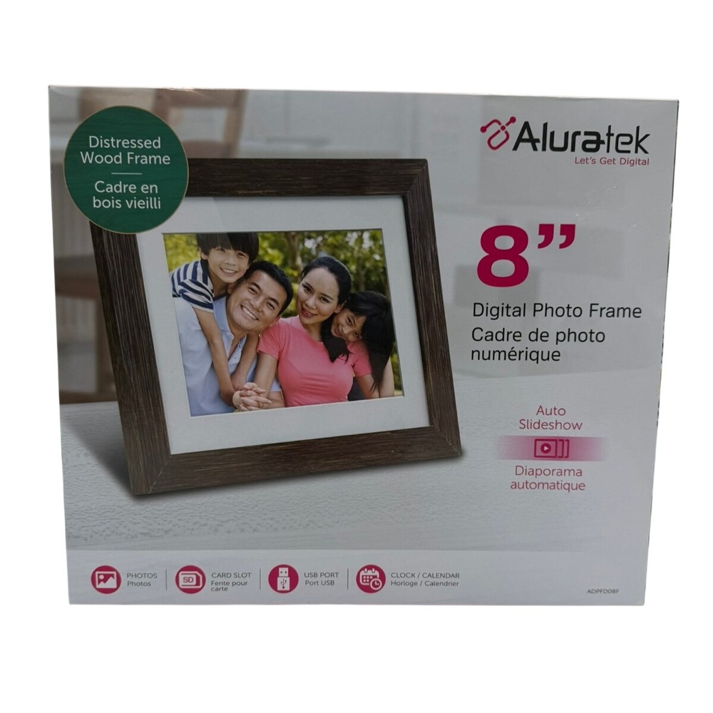 Aluratek 8 Inch Digital Photo Frame Distressed Wood ADPFD08F New